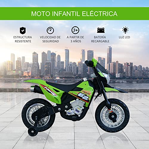 HOMCOM Moto de Batería Infantil Motocicleta Eléctrica para Niños de +3 Años con Luces Música y Ruedas de Apoyo 109x52,2x70,5 cm Verde