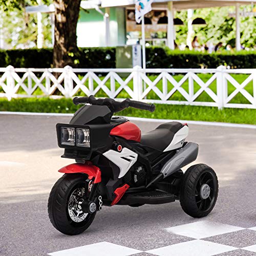 HOMCOM Moto Eléctrica Infantil con 3 Ruedas para +3 Años Triciclo con Pedal para Niños Batería 6V con Luces Música Neumáticos Anchos Velocidad 3 km/h 86x42x52 cm Rojo y Negro