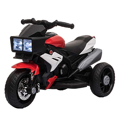 HOMCOM Moto Eléctrica Infantil con 3 Ruedas para +3 Años Triciclo con Pedal para Niños Batería 6V con Luces Música Neumáticos Anchos Velocidad 3 km/h 86x42x52 cm Rojo y Negro