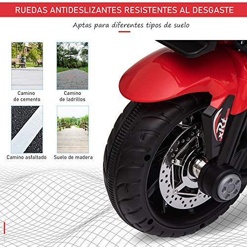 HOMCOM Moto Eléctrica Infantil con 3 Ruedas para +3 Años Triciclo con Pedal para Niños Batería 6V con Luces Música Neumáticos Anchos Velocidad 3 km/h 86x42x52 cm Rojo y Negro