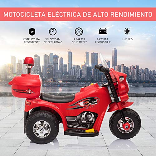 HOMCOM Moto Eléctrica para Niños de 18-36 Meses Motocicleta Infantil con 3 Ruedas y Batería 6V con Música Bocina Faros Baúl 80x35x52 cm Rojo