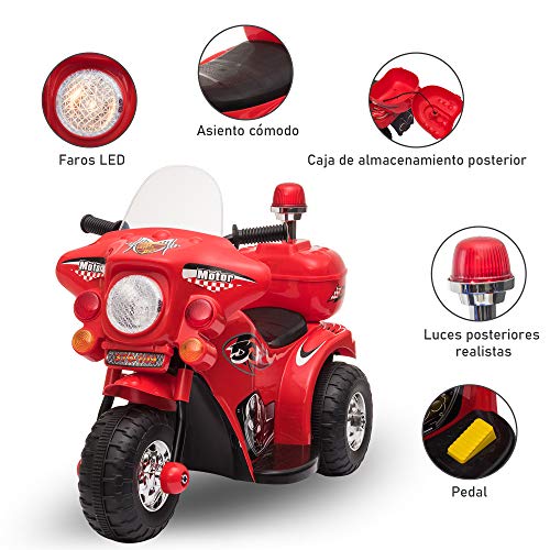 HOMCOM Moto Eléctrica para Niños de 18-36 Meses Motocicleta Infantil con 3 Ruedas y Batería 6V con Música Bocina Faros Baúl 80x35x52 cm Rojo