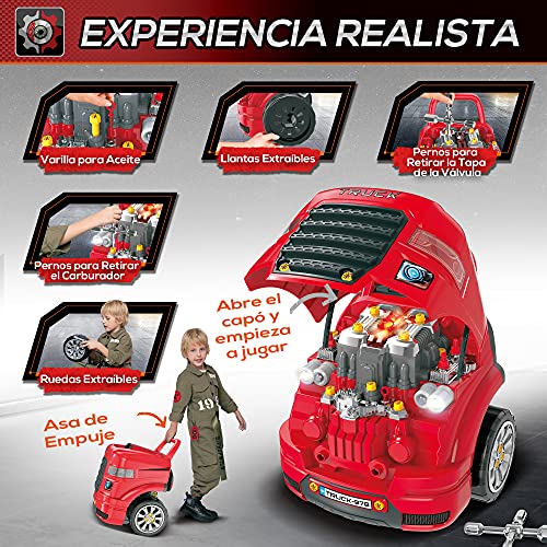 HOMCOM Motor de Camión para Niños de +3 Años Conjunto de Motor de Juguete con 61 Piezas Volante Bocina Faros Caja de Almacenaje y Ruedas 40x39x47 cm Rojo