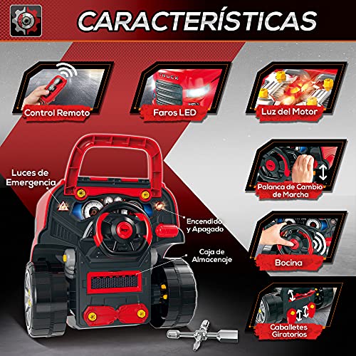 HOMCOM Motor de Camión para Niños de +3 Años Conjunto de Motor de Juguete con 61 Piezas Volante Bocina Faros Caja de Almacenaje y Ruedas 40x39x47 cm Rojo