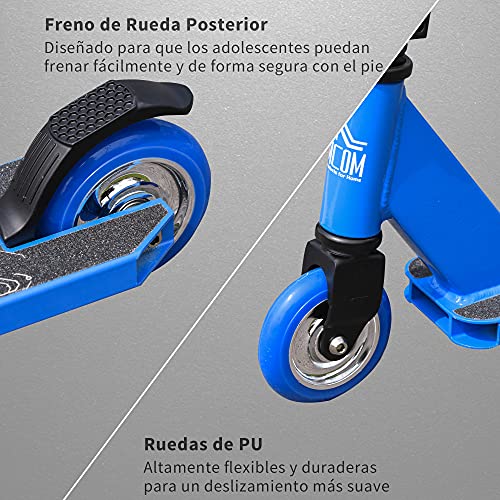 HOMCOM Patinete de Acrobacia Trucos y Saltos Patinete Freestyle de Aluminio para Adolescentes +14 Años y Adultos Carga 100 kg con Manillares de Caucho 68x46x84 cm Azul