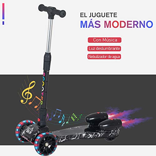 HOMCOM Patinete para Niños Scooter Plegable con Altura Ajustable de 4 Niveles y Música Luces y Nebulizador de Agua +3 Años 62x27x63-81 cm Negro