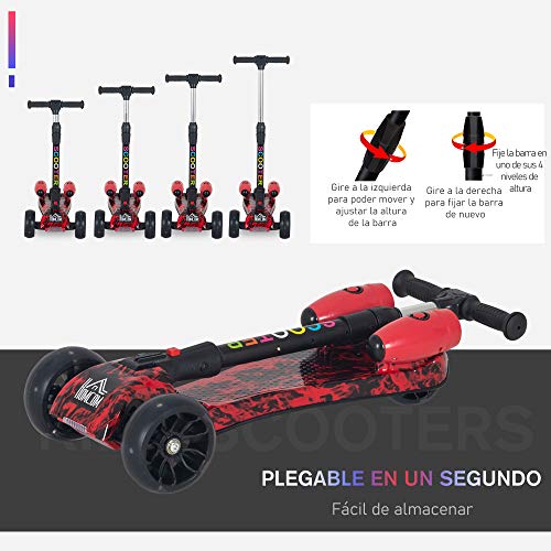 HOMCOM Patinete para Niños Scooter Plegable con Altura Ajustable de 4 Niveles y Música Luces y Nebulizador de Agua +3 Años 62x27x63-81 cm Rojo