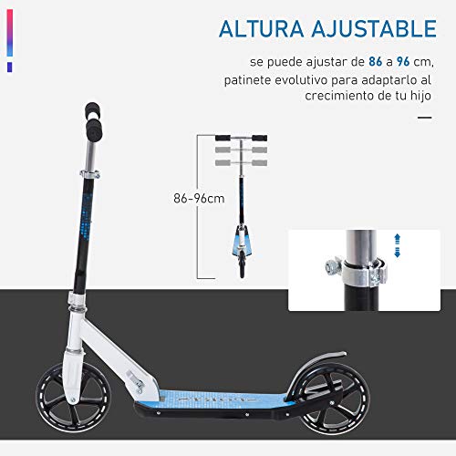 HOMCOM Patinete para Niños y Adultos Scooter Plegable Plegable Manillar Ajustable Marco Aluminio Ligero y Estable Carga 80kg Aluminio 84x34x86-96 cm Blanco