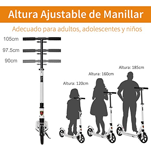 HOMCOM Patinete Plegable Scooter con Manillar Altura Ajustable Patinete para Adultos y Niños (más de 14 años) Tipo Monopatín con Freno Grandes Ruedas Carga 100kg