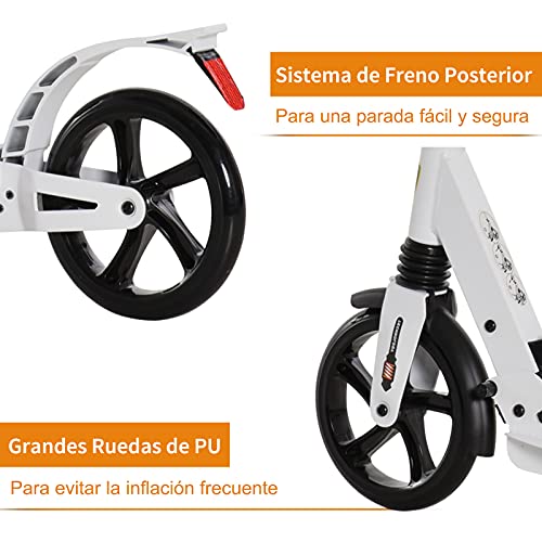 HOMCOM Patinete Plegable Scooter con Manillar Altura Ajustable Patinete para Adultos y Niños (más de 14 años) Tipo Monopatín con Freno Grandes Ruedas Carga 100kg