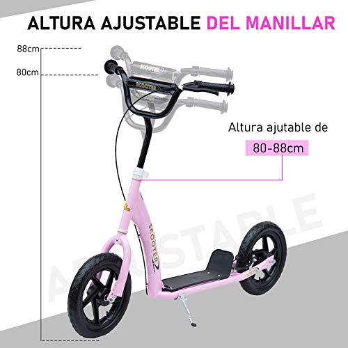 HOMCOM Patinete Scooter 2 Ruedas 12 Pulgadas Monopatín para Niños y Adultos Manillar Ajustable con Freno y Caballete Carga 100kg 120x52x80-88cm Acero