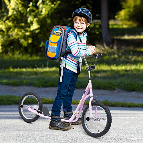 HOMCOM Patinete Scooter 2 Ruedas 16 Pulgadas Monopatín para Niños y Adultos Manillar Ajustable con 2 Frenos y Caballete Carga 100kg 143x58x92-100cm Rosa