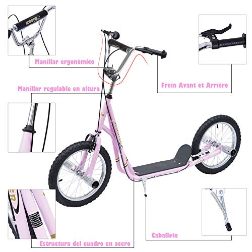 HOMCOM Patinete Scooter 2 Ruedas 16 Pulgadas Monopatín para Niños y Adultos Manillar Ajustable con 2 Frenos y Caballete Carga 100kg 143x58x92-100cm Rosa