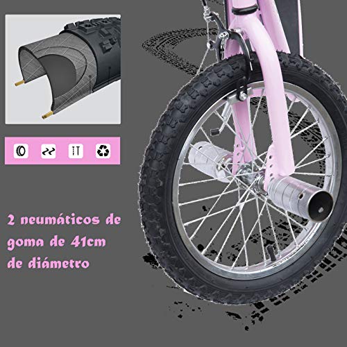 HOMCOM Patinete Scooter 2 Ruedas 16 Pulgadas Monopatín para Niños y Adultos Manillar Ajustable con 2 Frenos y Caballete Carga 100kg 143x58x92-100cm Rosa