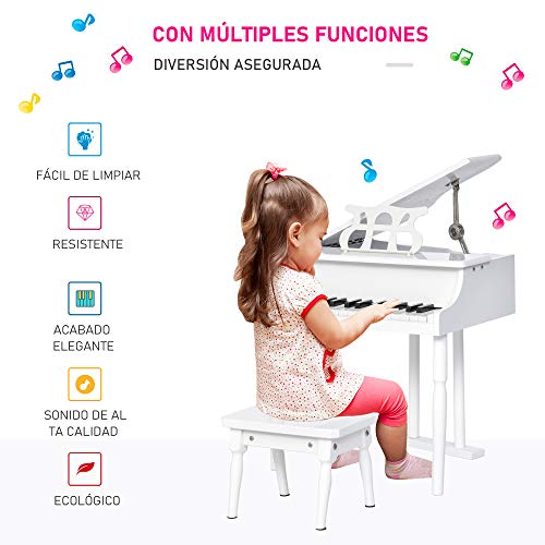 HOMCOM Piano de Cola Infantil con 30 Teclas Taburete y Atril de Partituras Piano para Niños de MDF Instrumento Musical Didáctico 52x50x49 cm Blanco