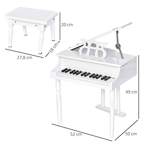 HOMCOM Piano de Cola Infantil con 30 Teclas Taburete y Atril de Partituras Piano para Niños de MDF Instrumento Musical Didáctico 52x50x49 cm Blanco