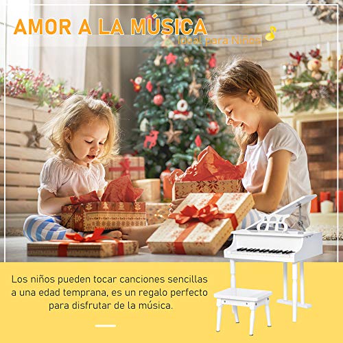 HOMCOM Piano de Cola Infantil con 30 Teclas Taburete y Atril de Partituras Piano para Niños de MDF Instrumento Musical Didáctico 52x50x49 cm Blanco