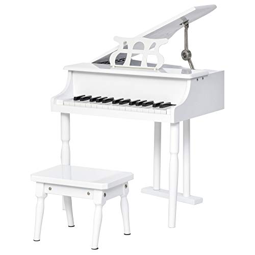 HOMCOM Piano de Cola Infantil con 30 Teclas Taburete y Atril de Partituras Piano para Niños de MDF Instrumento Musical Didáctico 52x50x49 cm Blanco