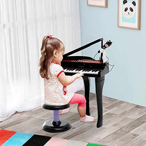 HOMCOM Piano Infantil 37 Teclas Teclado Electrónico Juego de Piano con Micrófono Taburete Luces y 22 Canciones USB/MP3 Karaoke Modo de Enseñanza Negro