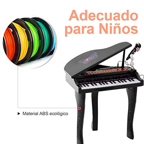 HOMCOM Piano Infantil 37 Teclas Teclado Electrónico Juego de Piano con Micrófono Taburete Luces y 22 Canciones USB/MP3 Karaoke Modo de Enseñanza Negro