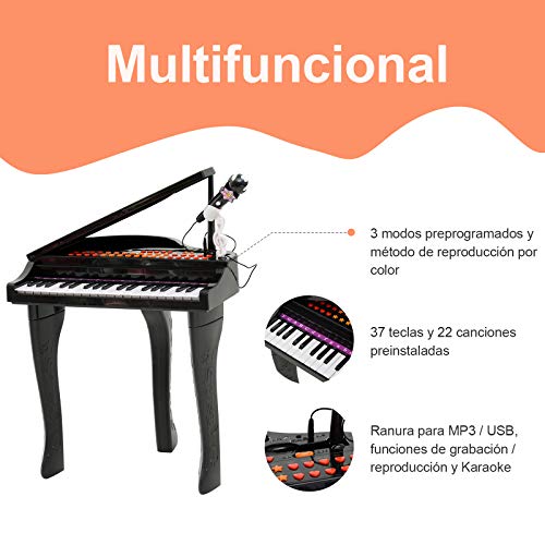 HOMCOM Piano Infantil 37 Teclas Teclado Electrónico Juego de Piano con Micrófono Taburete Luces y 22 Canciones USB/MP3 Karaoke Modo de Enseñanza Negro