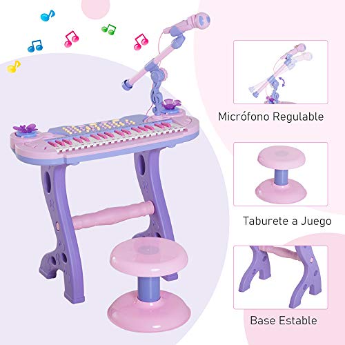 HOMCOM Piano Infantil 37 Teclas Teclado Electrónico Juego de Piano Regalo Juguete Educativo para Niños +3 Años con Micrófono Taburete Luces y 22 Canciones USB/MP3 Karaoke Rosa