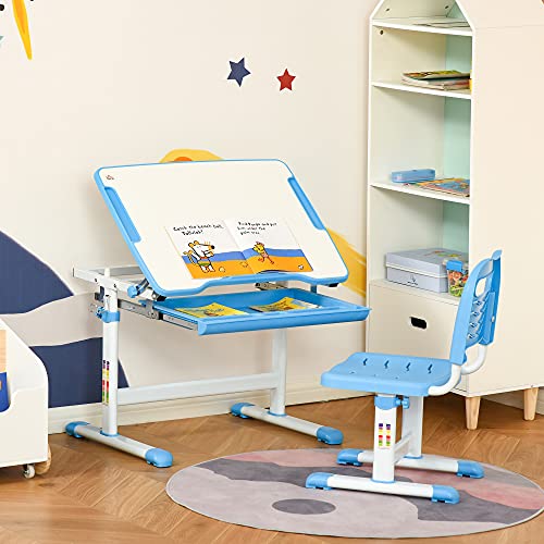 HOMCOM Pupitre Infantil 2 en 1 Juego de Escritorio y Silla para Niños de +6 Años con Altura Ajustable Mesa Regulable en Ángulo y Bandeja Deslizante 66x47x77 cm Azul