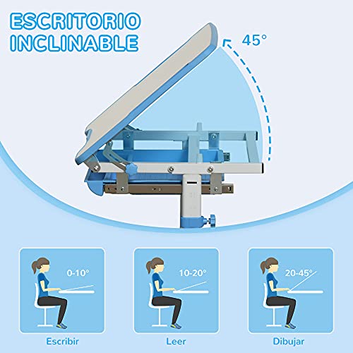 HOMCOM Pupitre Infantil 2 en 1 Juego de Escritorio y Silla para Niños de +6 Años con Altura Ajustable Mesa Regulable en Ángulo y Bandeja Deslizante 66x47x77 cm Azul