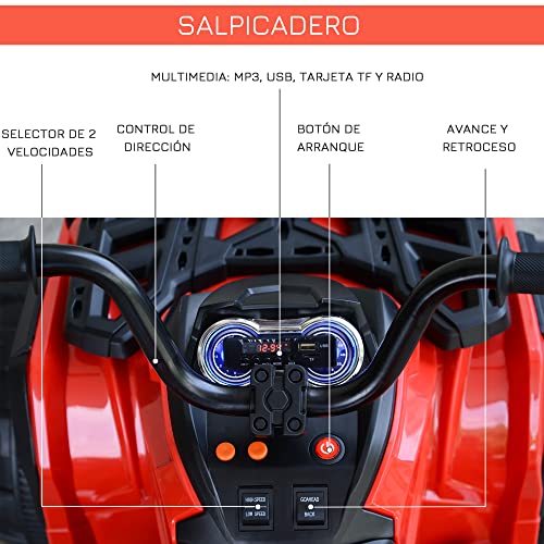 HOMCOM Quad Eléctrico Niño Coche Eléctrico Cuatrimoto Batería 12V con MP3 Radio Luces Sonidos 103,5x69,5x70 cm Carga 30kg