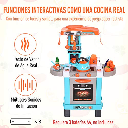 HOMCOM Set de Juguetes de Cocina para Niños Mayores de 3 Años Juegos de rol Luces y Sonidos Educativo con 33 Accesorios Incluidos 64x29x87 cm Azul