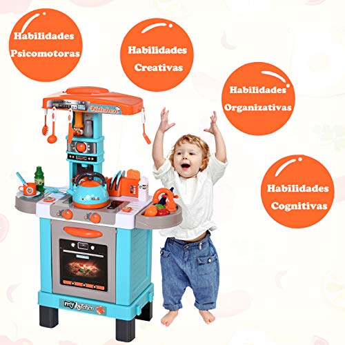 HOMCOM Set de Juguetes de Cocina para Niños Mayores de 3 Años Juegos de rol Luces y Sonidos Educativo con 33 Accesorios Incluidos 64x29x87 cm Azul