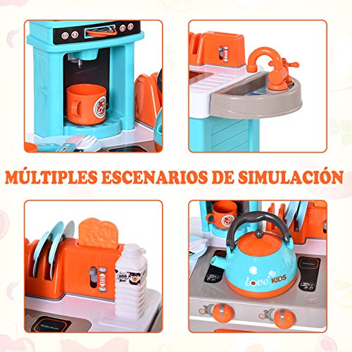 HOMCOM Set de Juguetes de Cocina para Niños Mayores de 3 Años Juegos de rol Luces y Sonidos Educativo con 33 Accesorios Incluidos 64x29x87 cm Azul