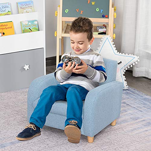 HOMCOM Sillón Infantil Mini Sofá para Niños de +3 Años con Asiento Acolchado Reposabrazos y Estructura de Madera Carga Máx. de 65 kg 49x45x44 cm Azul