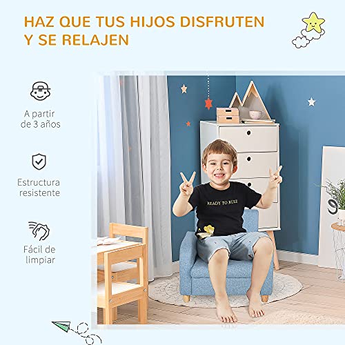 HOMCOM Sillón Infantil Mini Sofá para Niños de +3 Años con Asiento Acolchado Reposabrazos y Estructura de Madera Carga Máx. de 65 kg 49x45x44 cm Azul