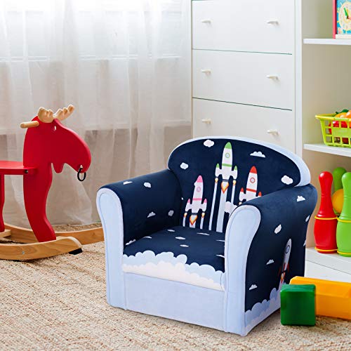 HOMCOM Sillón Infantil Sofá para Niños +12 Meses con Dibujos de Cohete Estructura de Madera Cubierta de Franela de Espuma 50x39x44cm Azul