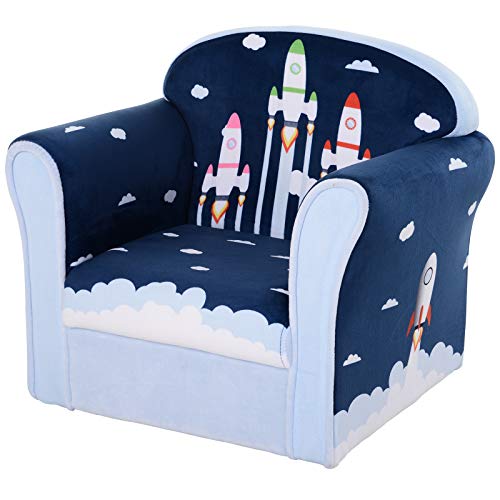 HOMCOM Sillón Infantil Sofá para Niños +12 Meses con Dibujos de Cohete Estructura de Madera Cubierta de Franela de Espuma 50x39x44cm Azul