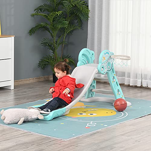 HOMCOM Tobogán Infantil +18 Meses Plegable Modelo Ovni con Canasta de Baloncesto y 3 Escalones Juguete para Interior y Exterior 140x87x75 cm Azul y Gris