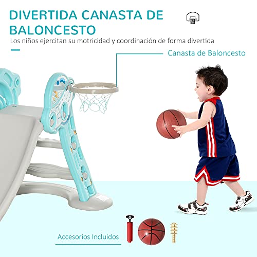 HOMCOM Tobogán Infantil +18 Meses Plegable Modelo Ovni con Canasta de Baloncesto y 3 Escalones Juguete para Interior y Exterior 140x87x75 cm Azul y Gris