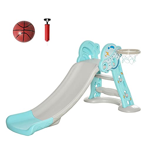 HOMCOM Tobogán Infantil +18 Meses Plegable Modelo Ovni con Canasta de Baloncesto y 3 Escalones Juguete para Interior y Exterior 140x87x75 cm Azul y Gris