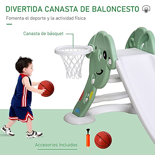 HOMCOM Tobogán Infantil con Canasta de Baloncesto para Niños de +2 Años Juguete Interior y Exterior Carga 25 kg Accesorios Incluidos 68x146x68 cm Verde