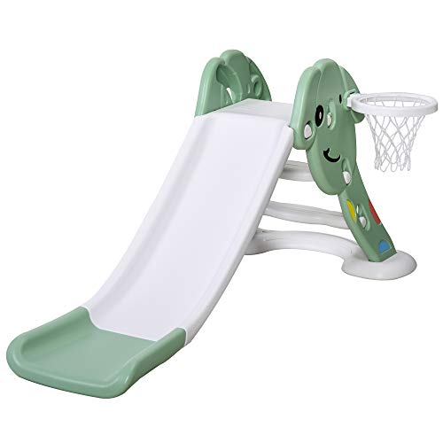 HOMCOM Tobogán Infantil con Canasta de Baloncesto para Niños de +2 Años Juguete Interior y Exterior Carga 25 kg Accesorios Incluidos 68x146x68 cm Verde