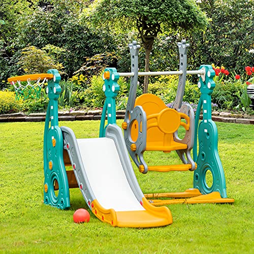 HOMCOM Tobogán Infantil con Columpio y Canasta de Baloncesto 3 en 1 para 18-36 Meses con Asiento Ajustable Parque Infantil para Interior y Exterior 152x149x107 cm Multicolor