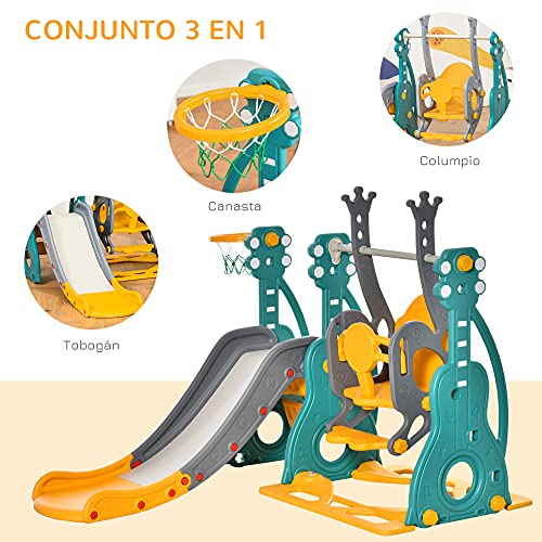 HOMCOM Tobogán Infantil con Columpio y Canasta de Baloncesto 3 en 1 para 18-36 Meses con Asiento Ajustable Parque Infantil para Interior y Exterior 152x149x107 cm Multicolor