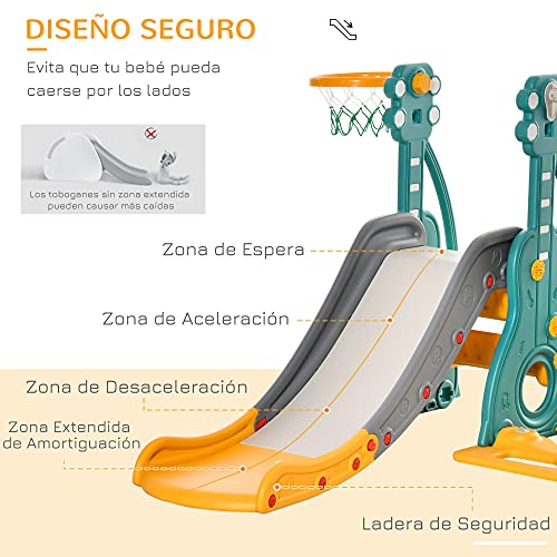 HOMCOM Tobogán Infantil con Columpio y Canasta de Baloncesto 3 en 1 para 18-36 Meses con Asiento Ajustable Parque Infantil para Interior y Exterior 152x149x107 cm Multicolor