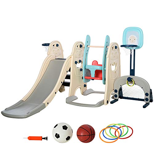 HOMCOM Tobogán y Columpio para Niños 5 en 1 con 2 Canastas Baloncesto y Portería Fútbol para Niños de +1 Año Parque Infantil Interior y Exterior 220x225x110 cm Multicolor