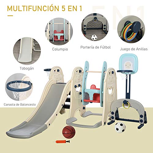 HOMCOM Tobogán y Columpio para Niños 5 en 1 con 2 Canastas Baloncesto y Portería Fútbol para Niños de +1 Año Parque Infantil Interior y Exterior 220x225x110 cm Multicolor