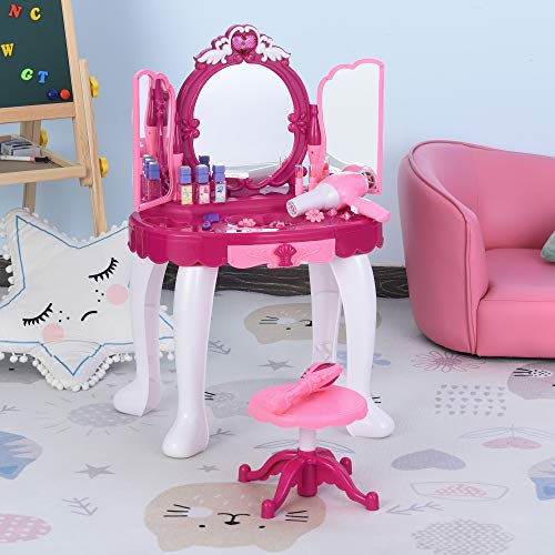 HOMCOM Tocador de Juguete Infantil Accesorios de Maquillaje con Espejo de +3 Años Efectos de Luz Música Puerto de MP3 Control Remoto 45x30,5x72 cm Rosa