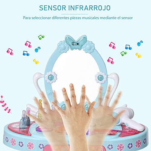 HOMCOM Tocador de Juguete para Niños con Taburete Función de Música Luces +3 Años Incluye 29 Piezas Centro de Belleza Infantil 49,5x23,5x69,5 cm Azul