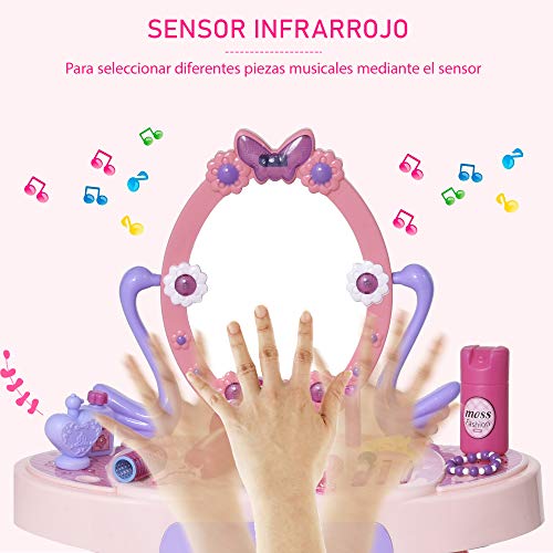 HOMCOM Tocador de Juguete para Niños con Taburete Función de Música Luces +3 Años Incluye 29 Piezas Centro de Belleza Infantil 49,5x23,5x69,5 cm Rosa