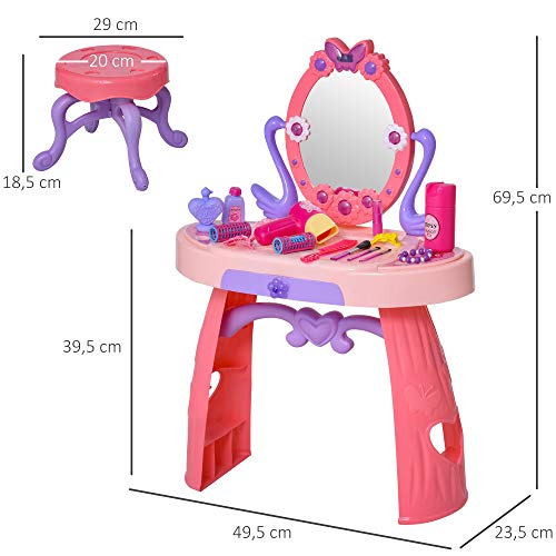 HOMCOM Tocador de Juguete para Niños con Taburete Función de Música Luces +3 Años Incluye 29 Piezas Centro de Belleza Infantil 49,5x23,5x69,5 cm Rosa